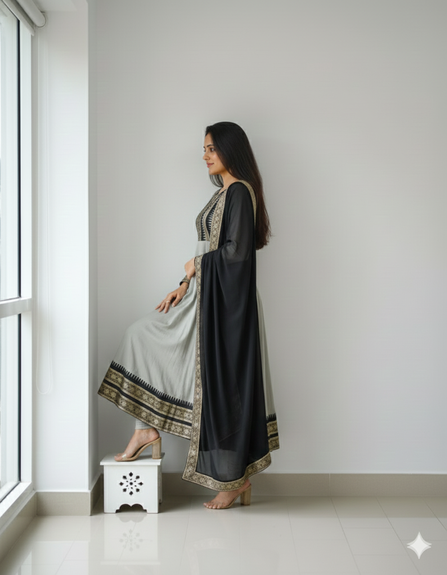 Chanderi Cotton Gown with Jacquard Work & Georgette Dupatta