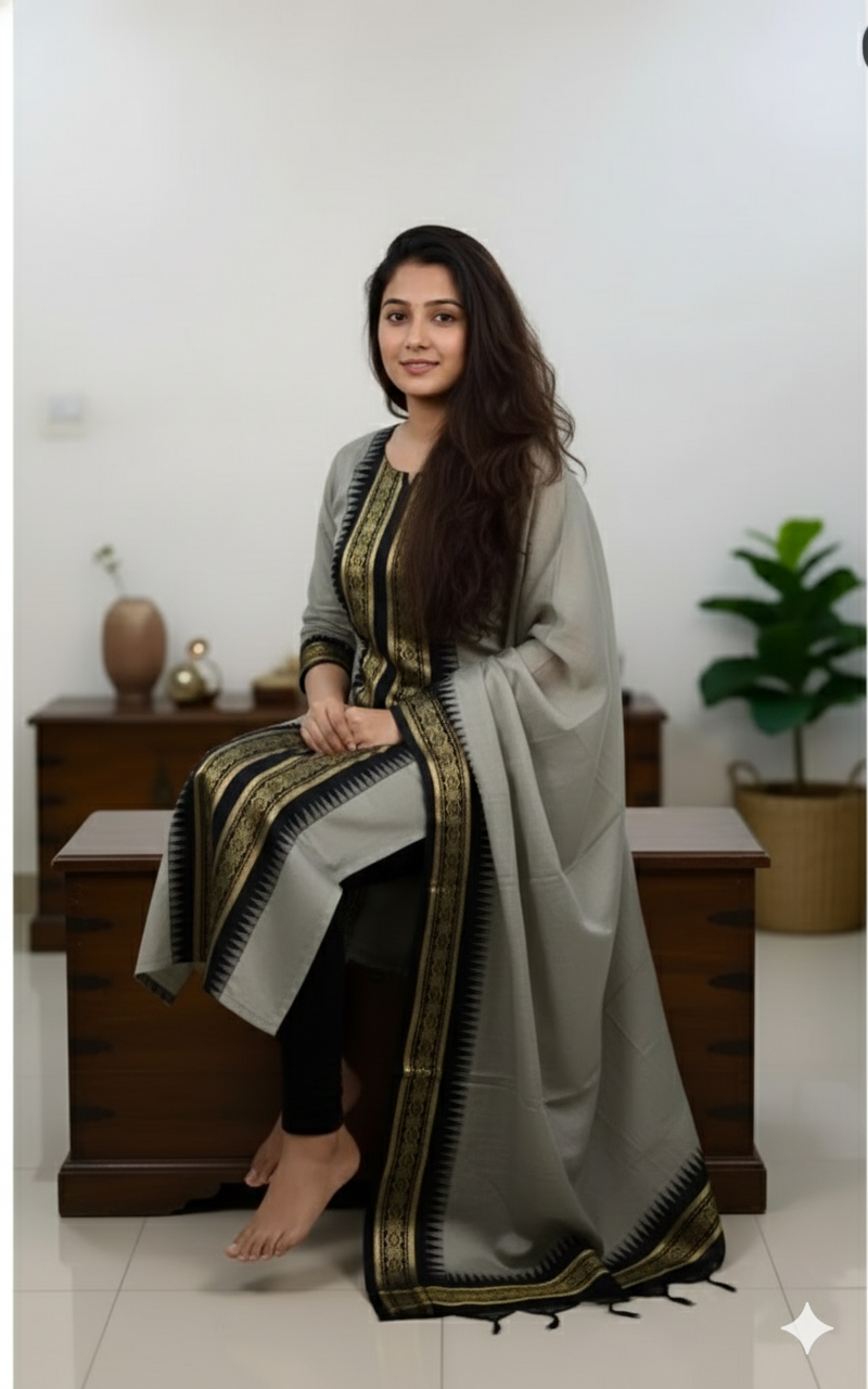 Gray Chanderi Cotton Straight Fit Kurta Set with Jacquard Border.