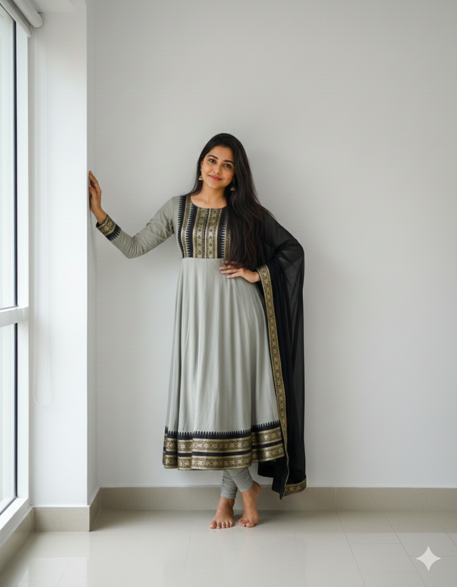 Chanderi Cotton Gown with Jacquard Work & Georgette Dupatta