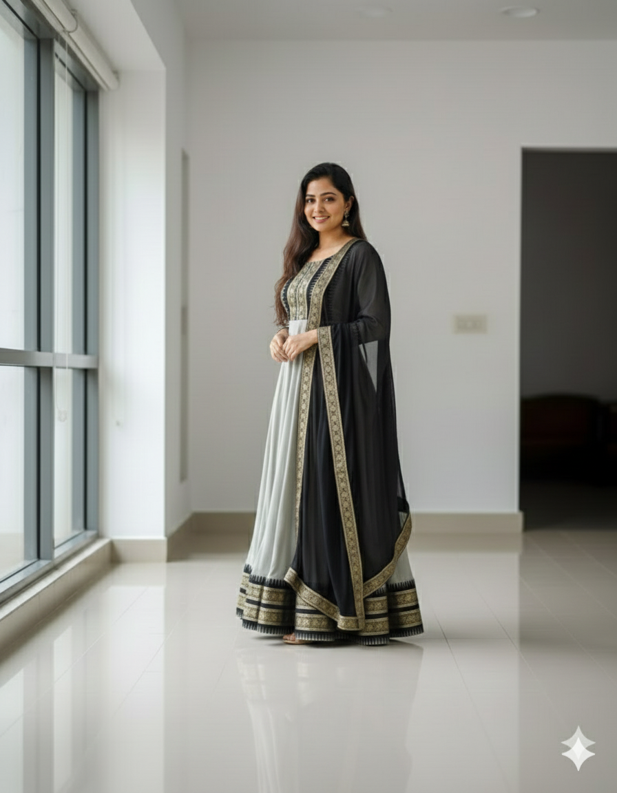 Chanderi Cotton Gown with Jacquard Work & Georgette Dupatta