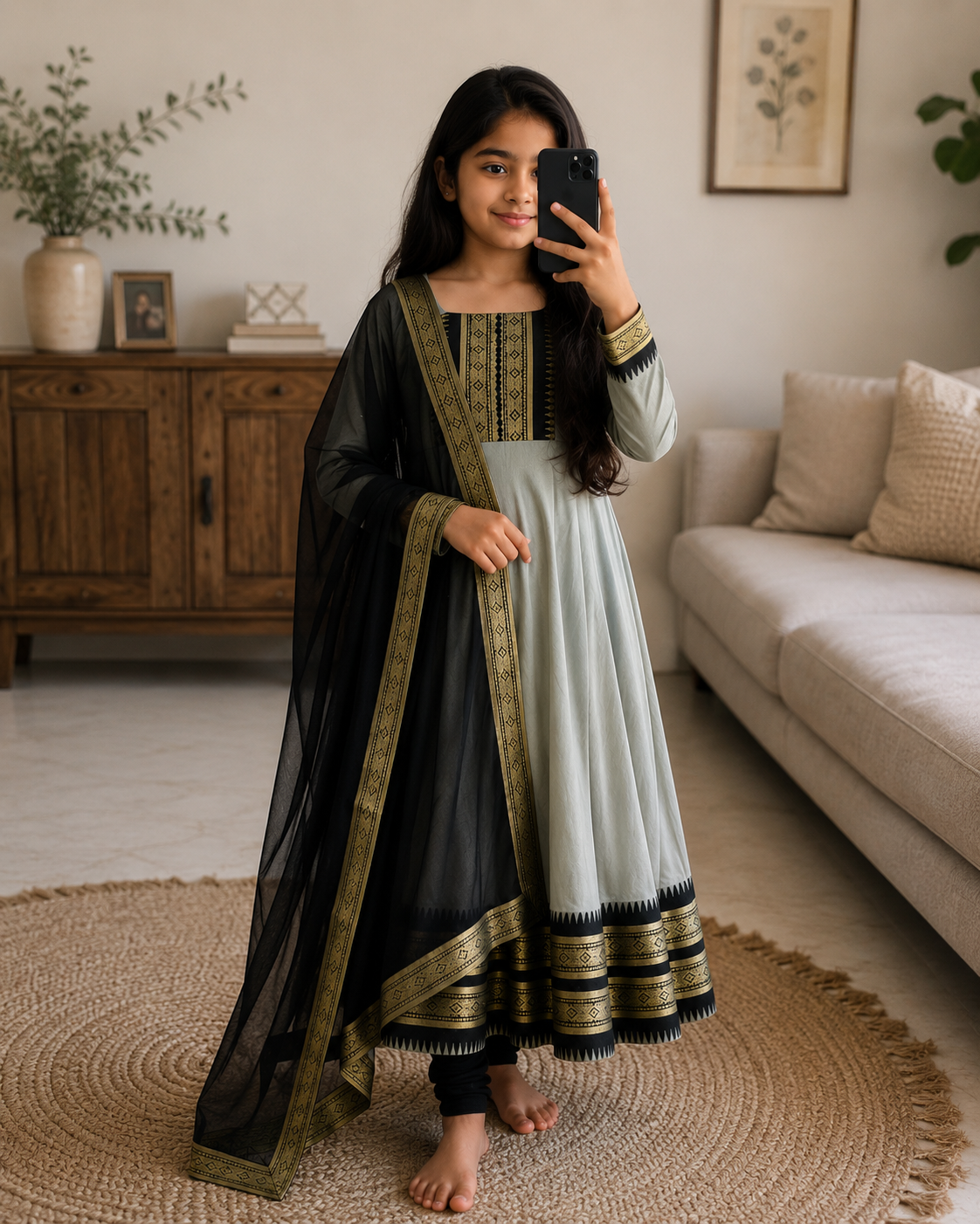 Graceful Grey and Black Festive Gown for Your Little Star