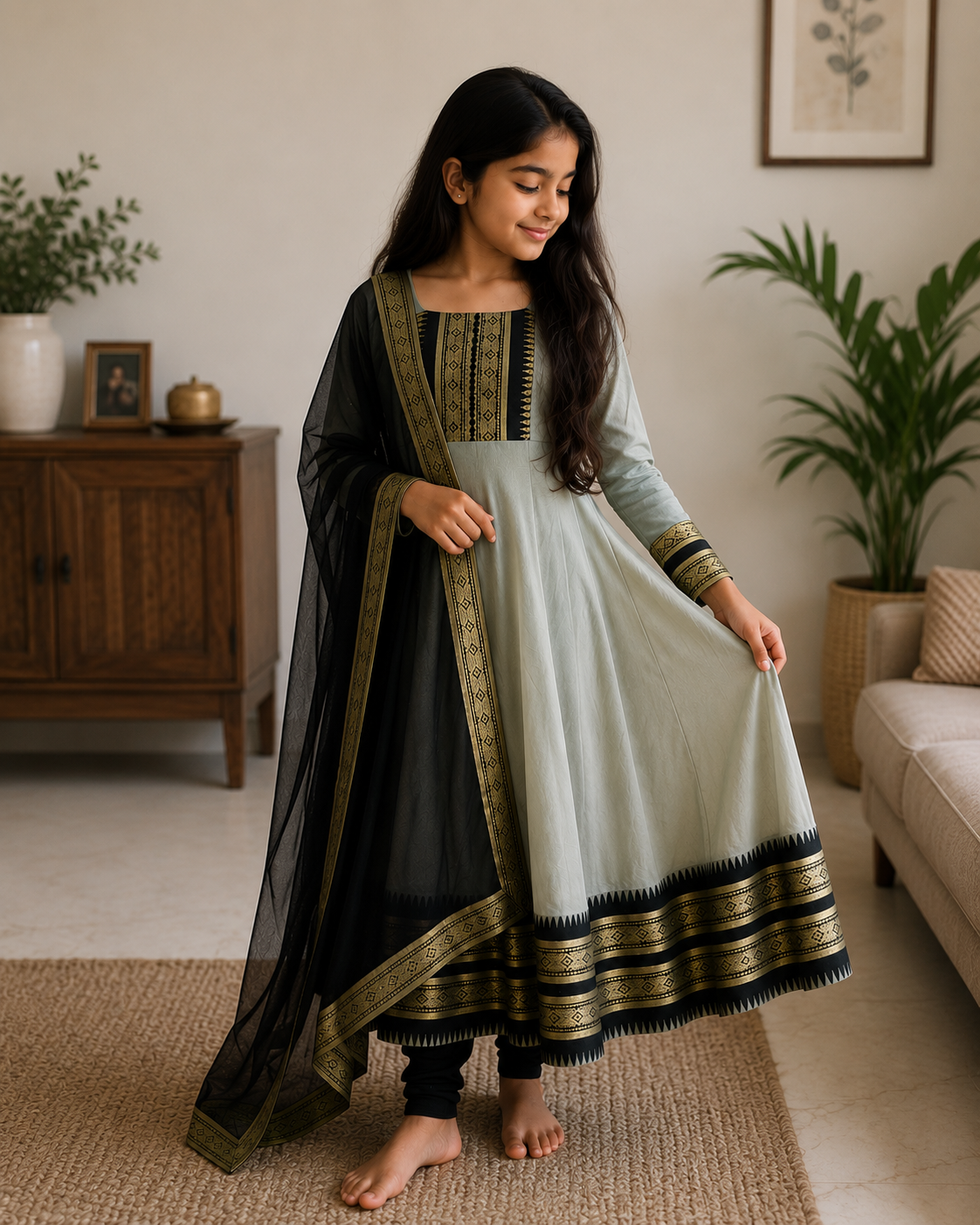 Graceful Grey and Black Festive Gown for Your Little Star
