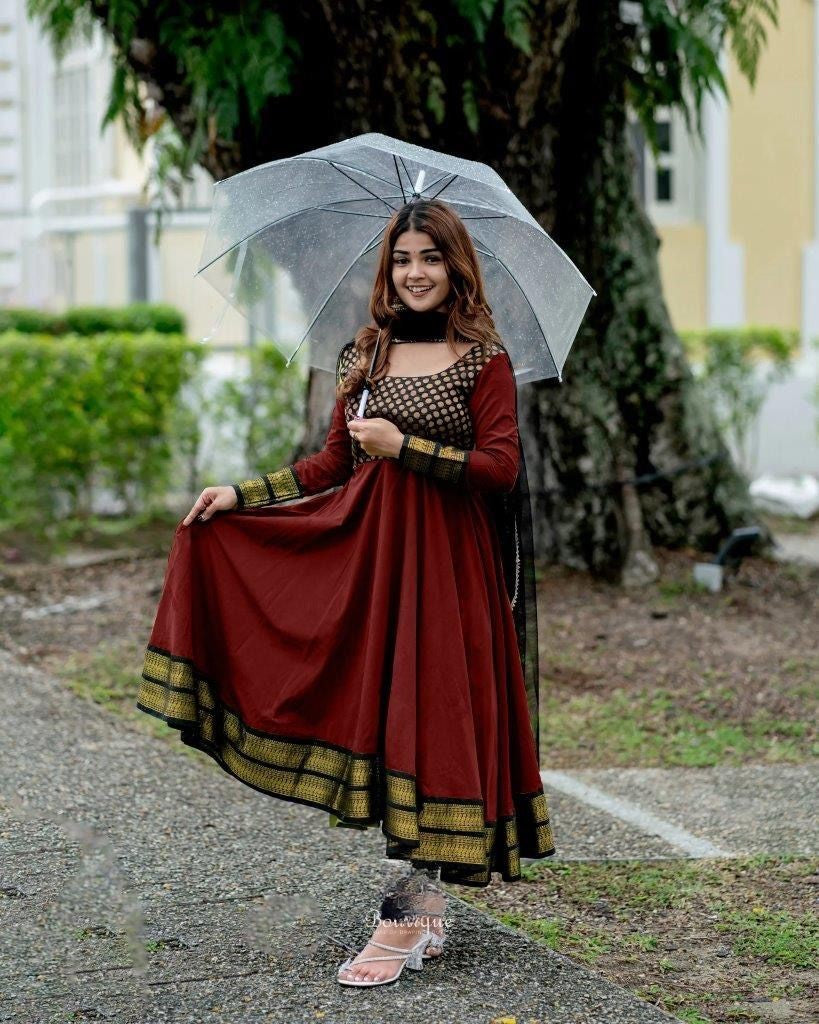 Elegant Maroon  Anarkali Suit with Jacquard Silk & Net Dupatta