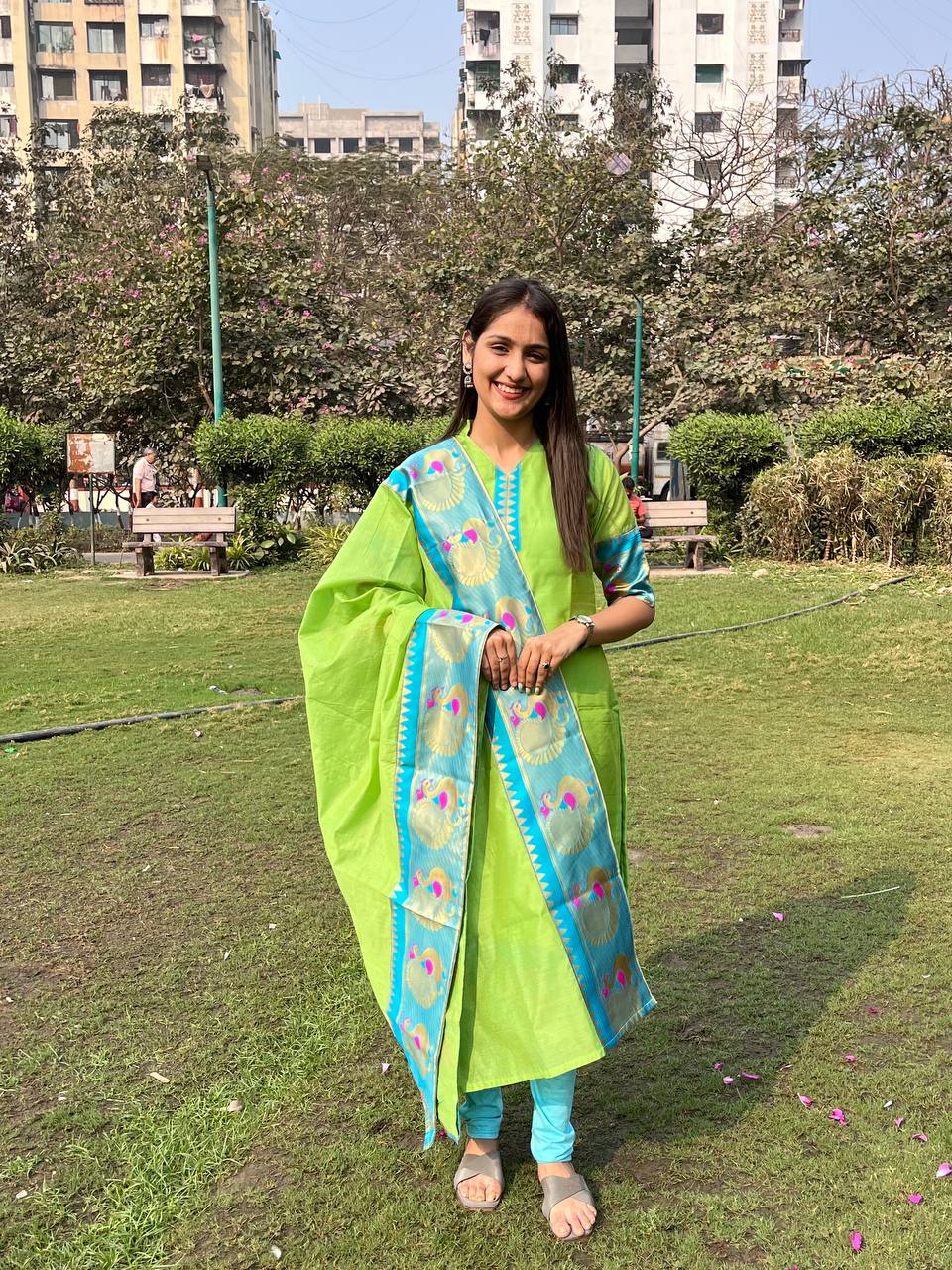 Light Green Chanderi Cotton Straight Fit Kurta Set with Jacquard Border