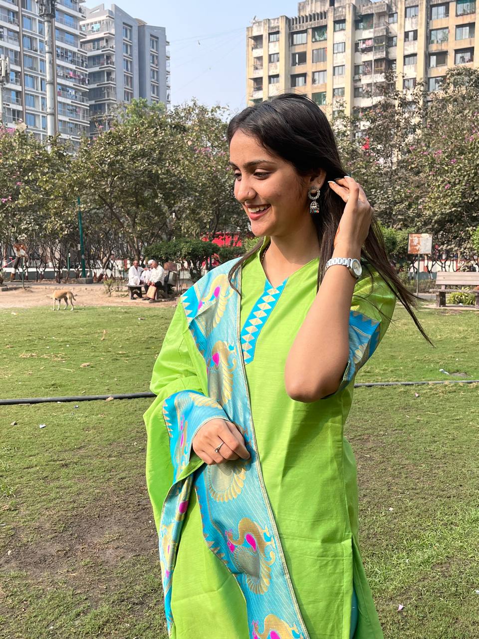 Light Green Chanderi Cotton Straight Fit Kurta Set with Jacquard Border