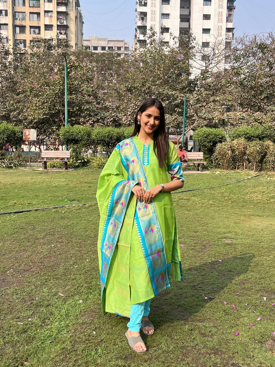 Light Green Chanderi Cotton Straight Fit Kurta Set with Jacquard Border