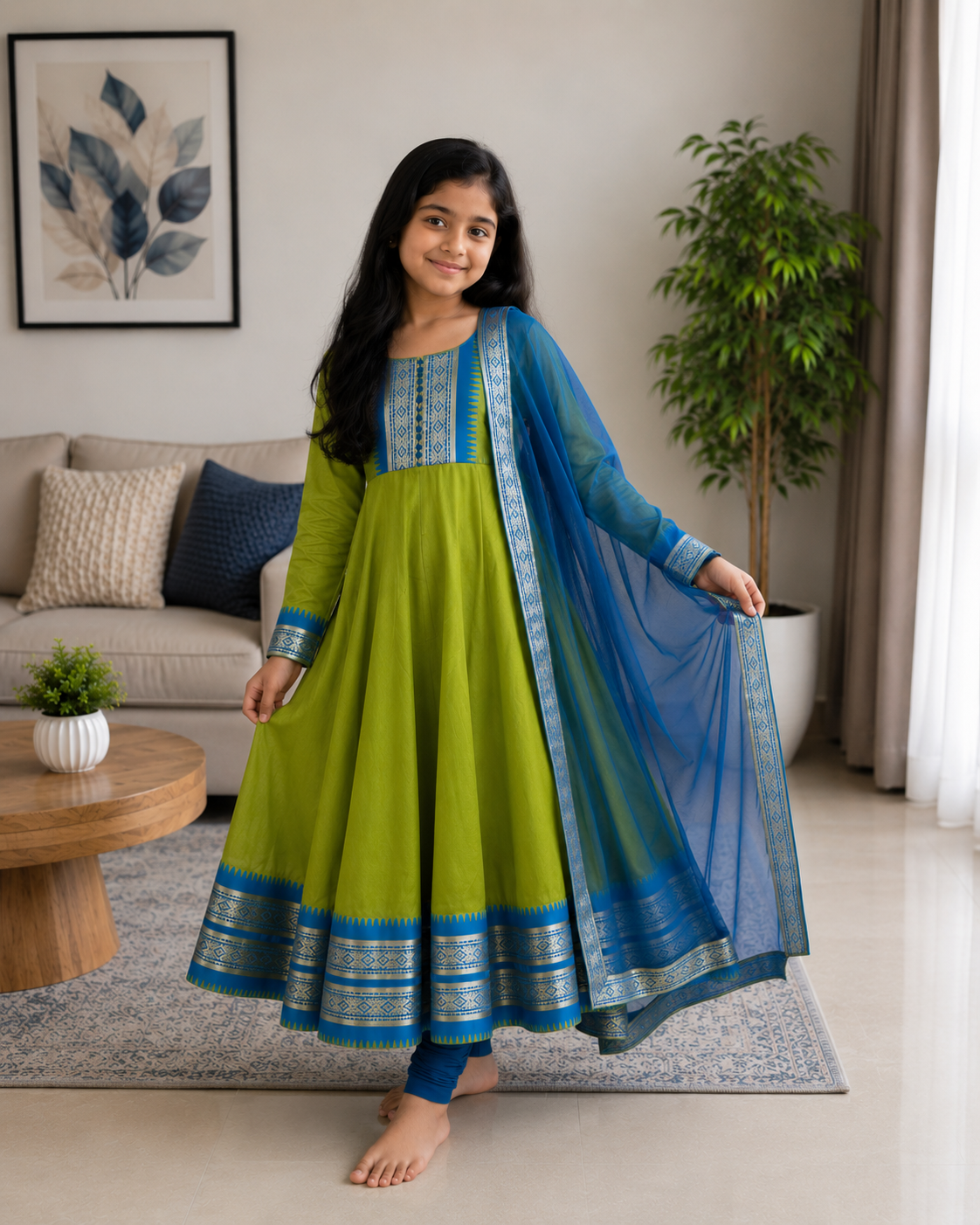 Charming Two-Tone Green and Blue Ethnic Dress for Joyful Twirls