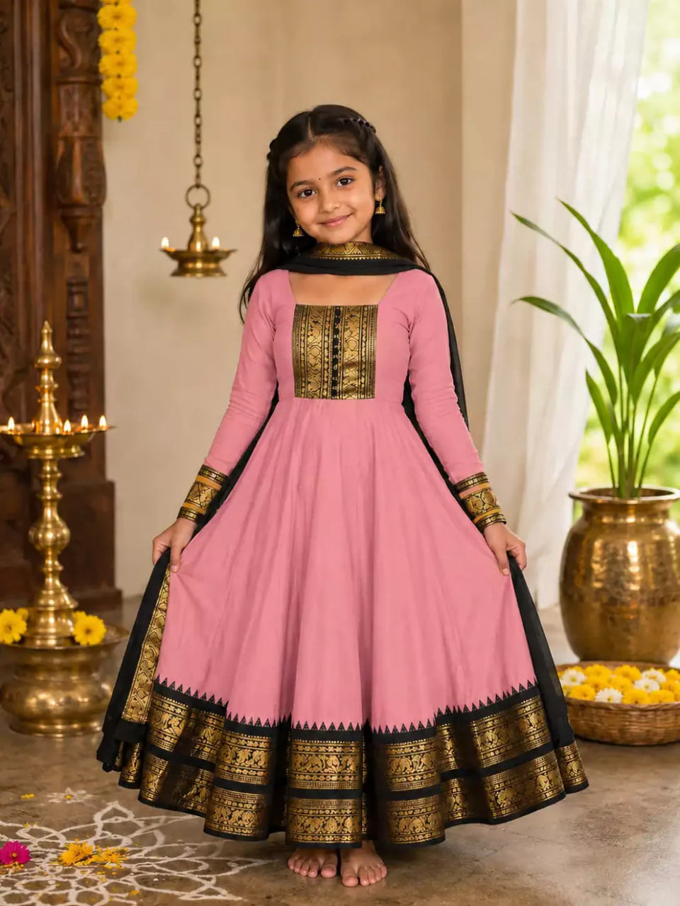 Baby Pink Girls Cotton Blend Anarkali Dress with Duppata