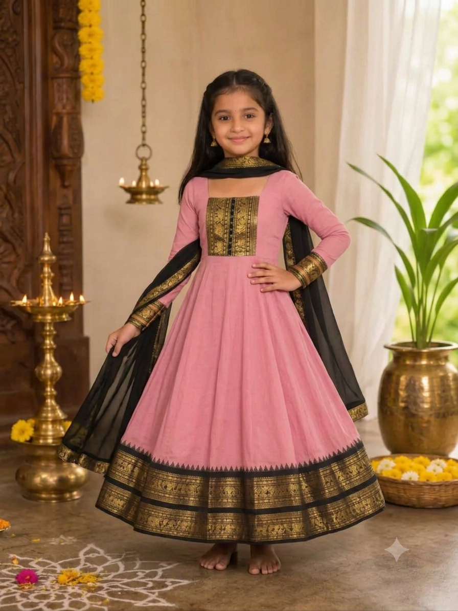 Baby Pink Girls Cotton Blend Anarkali Dress with Duppata