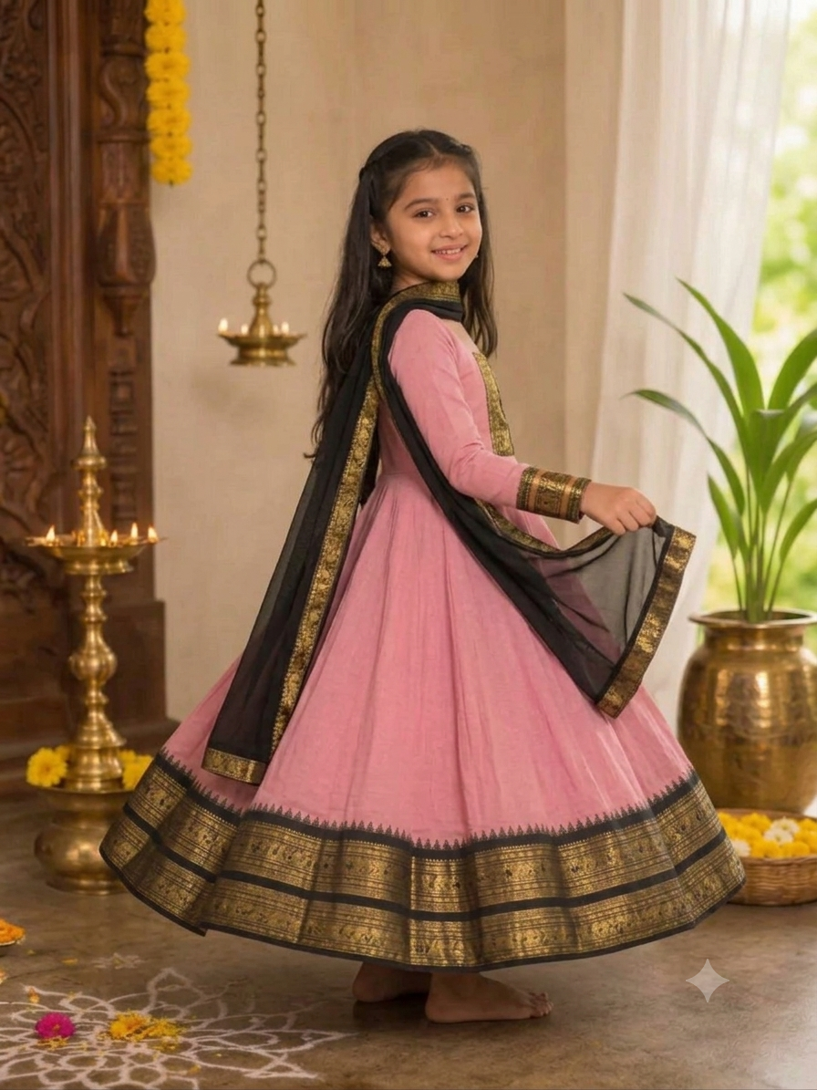 Baby Pink Girls Cotton Blend Anarkali Dress with Duppata