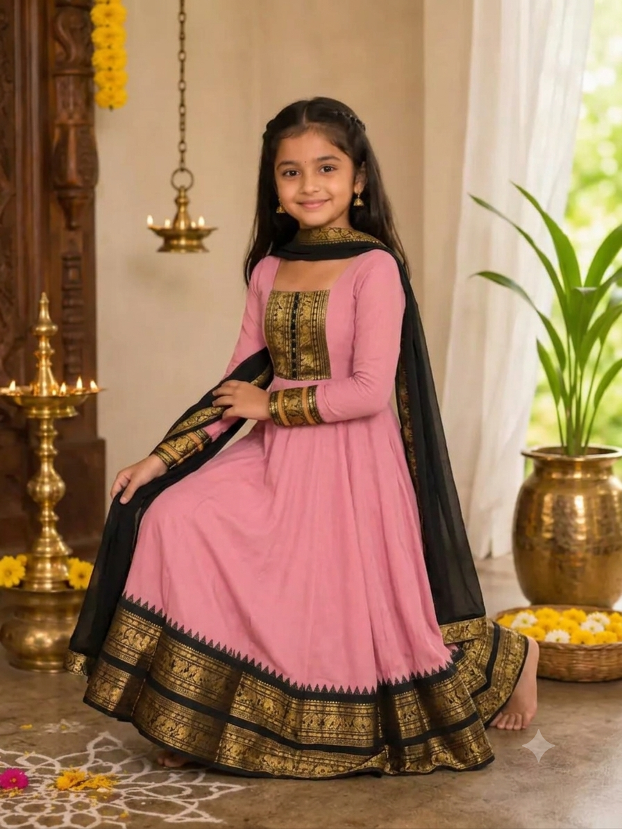 Baby Pink Girls Cotton Blend Anarkali Dress with Duppata