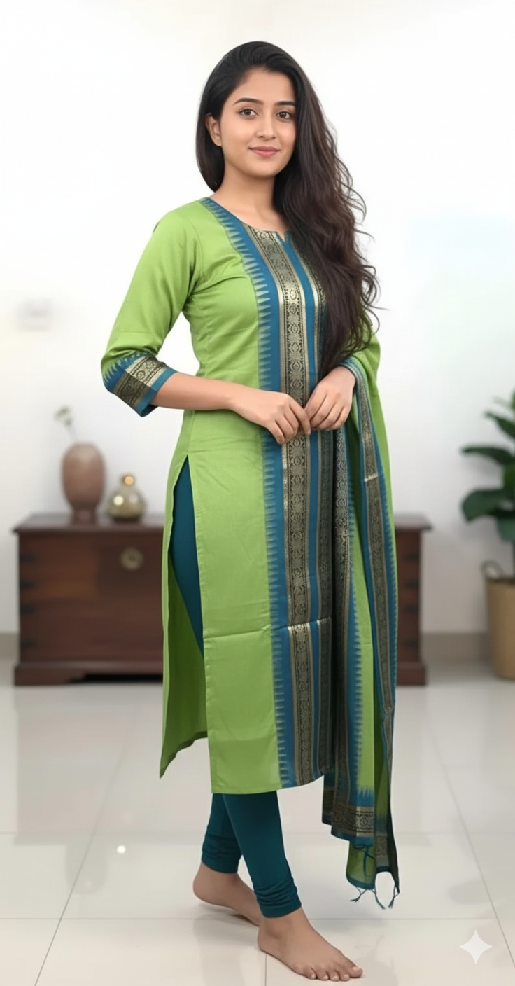 Light Green Chanderi Cotton Straight Fit Kurta Set with Jacquard Border.