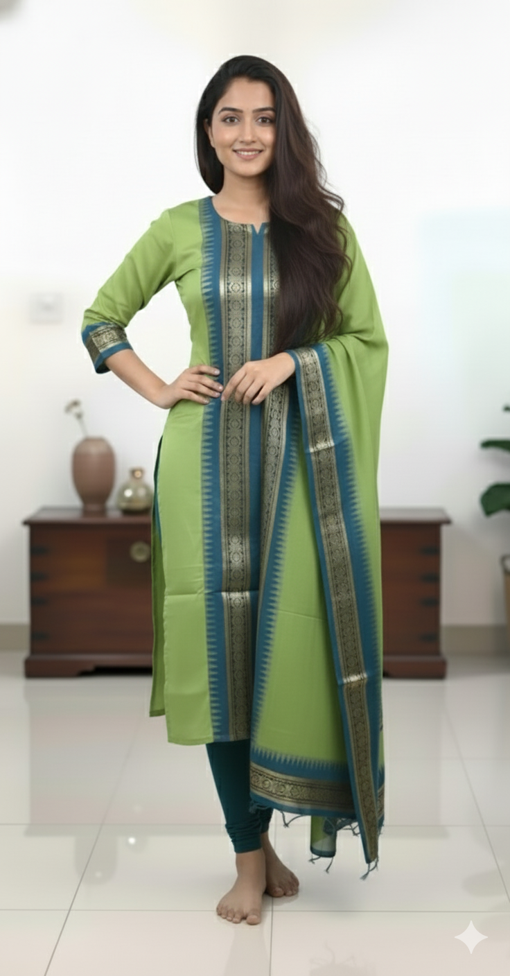 Light Green Chanderi Cotton Straight Fit Kurta Set with Jacquard Border.