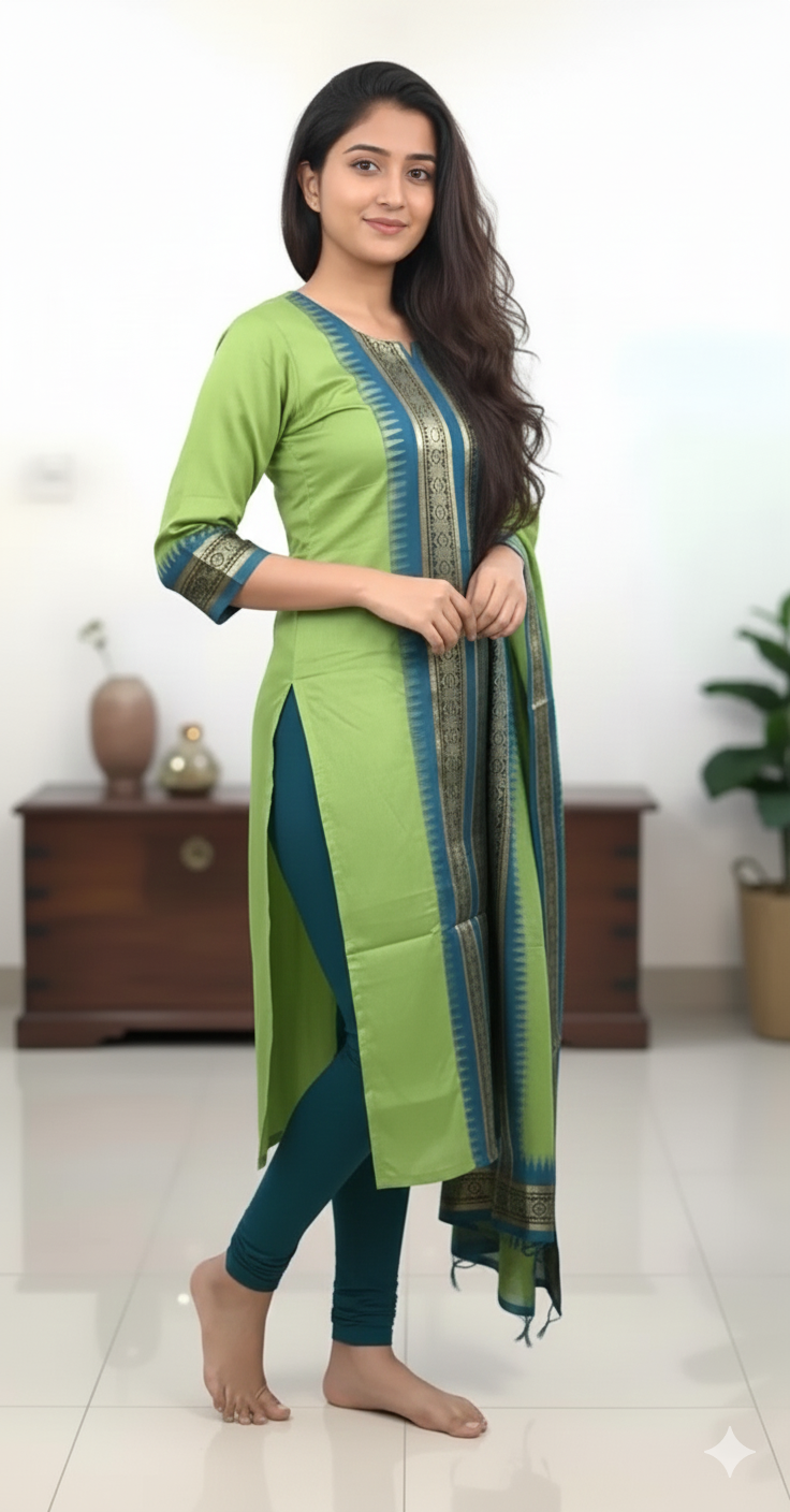 Light Green Chanderi Cotton Straight Fit Kurta Set with Jacquard Border.