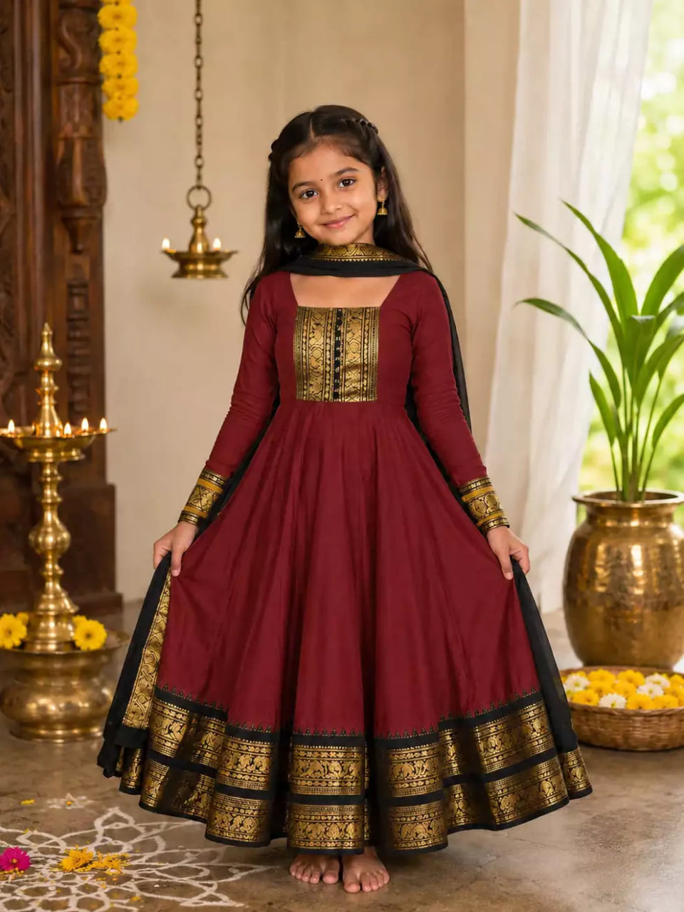 Girls Festive Cotton Blend Anarkali Set With Duppata