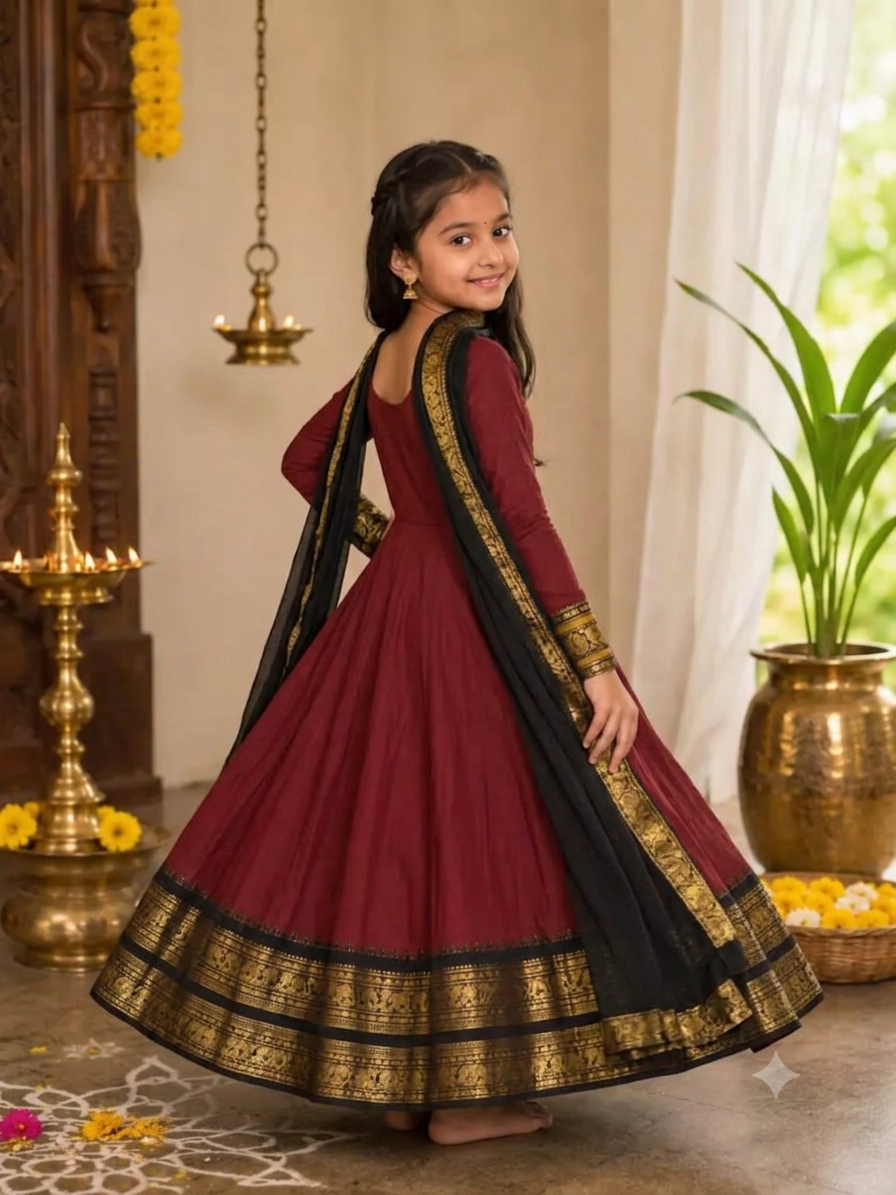 Girls Maroon Color Cotton Blend Anarkali Set