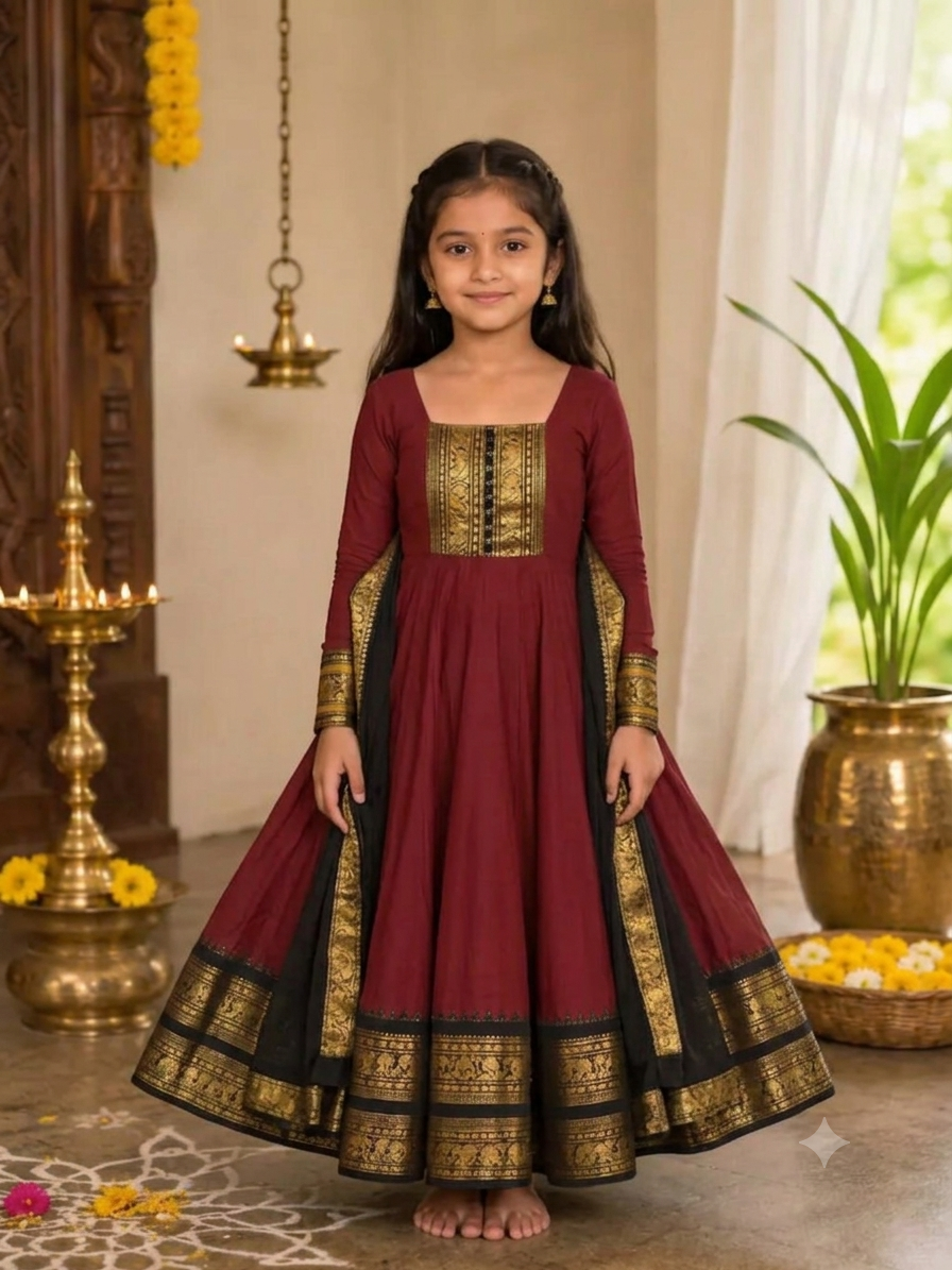 Girls Maroon Color Cotton Blend Anarkali Set