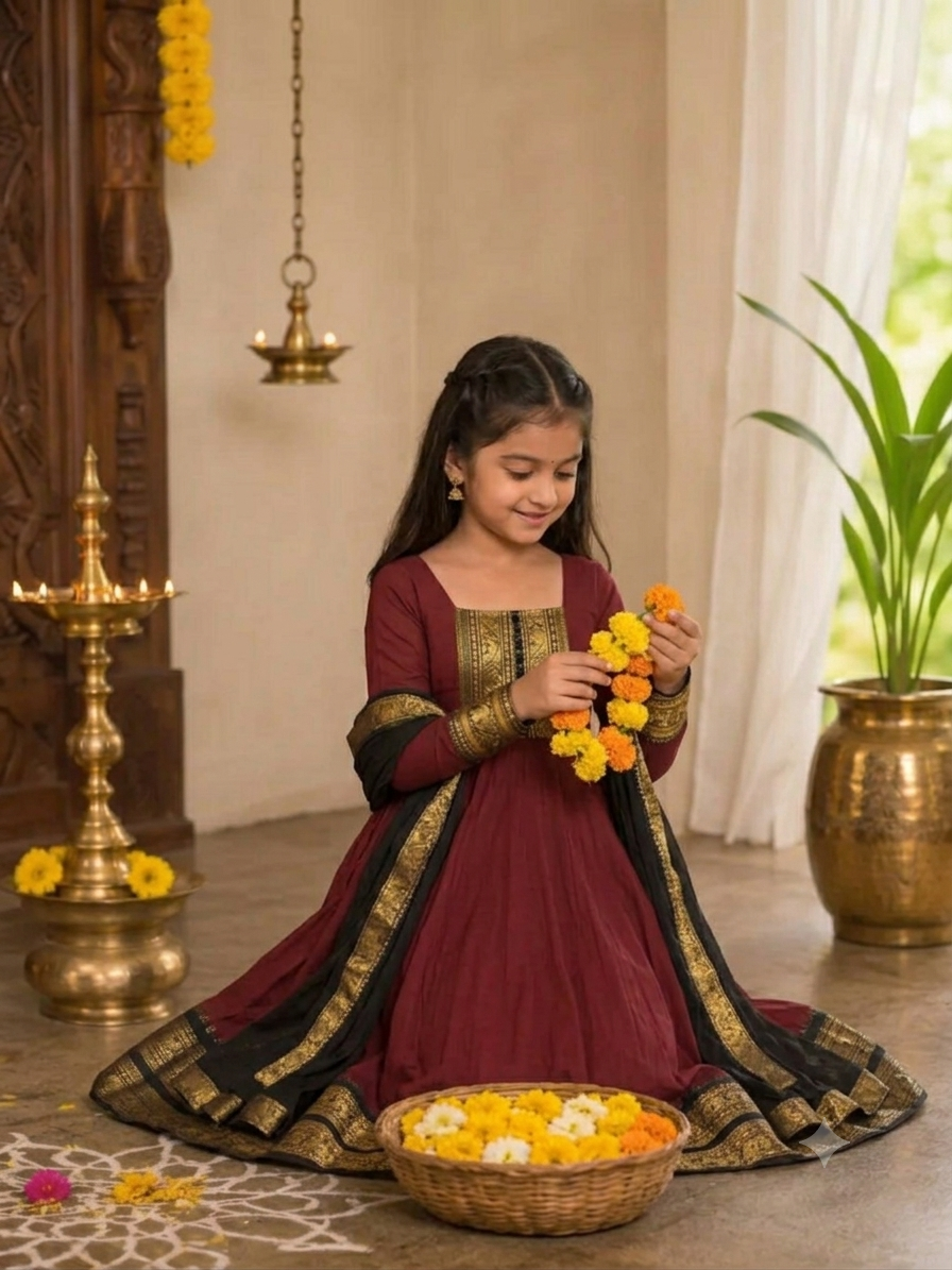 Girls Maroon Color Cotton Blend Anarkali Set