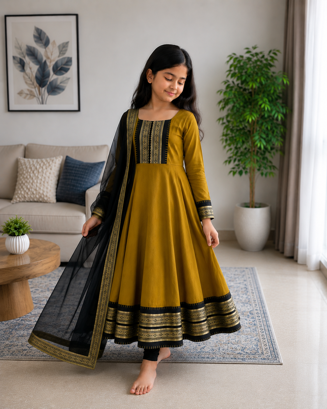 Cute Mustard Ethnic Anarkali Dress for Girls with Black Dupatta