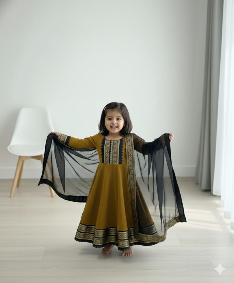 Cute Mustard Ethnic Anarkali Dress for Girls with Black Dupatta