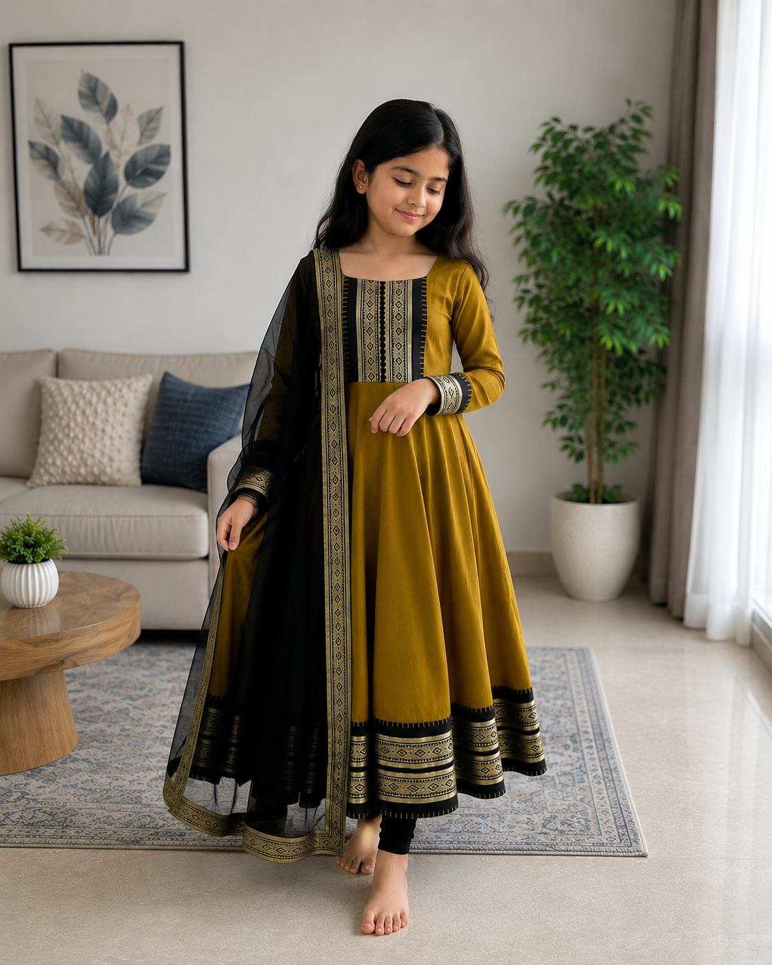 Cute Mustard Ethnic Anarkali Dress for Girls with Black Dupatta
