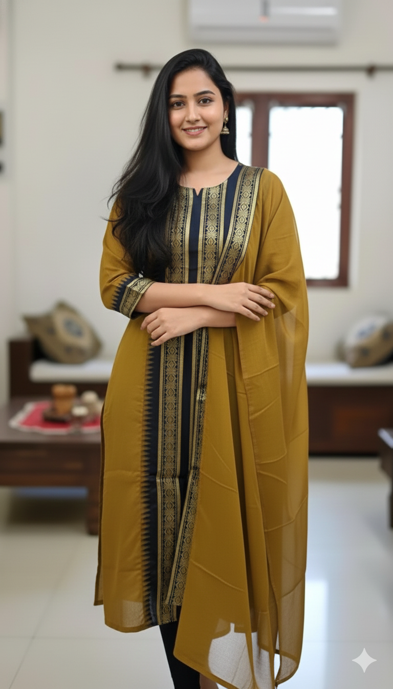 Mustard Chanderi Cotton Straight Fit Kurta Set with Jacquard Border.