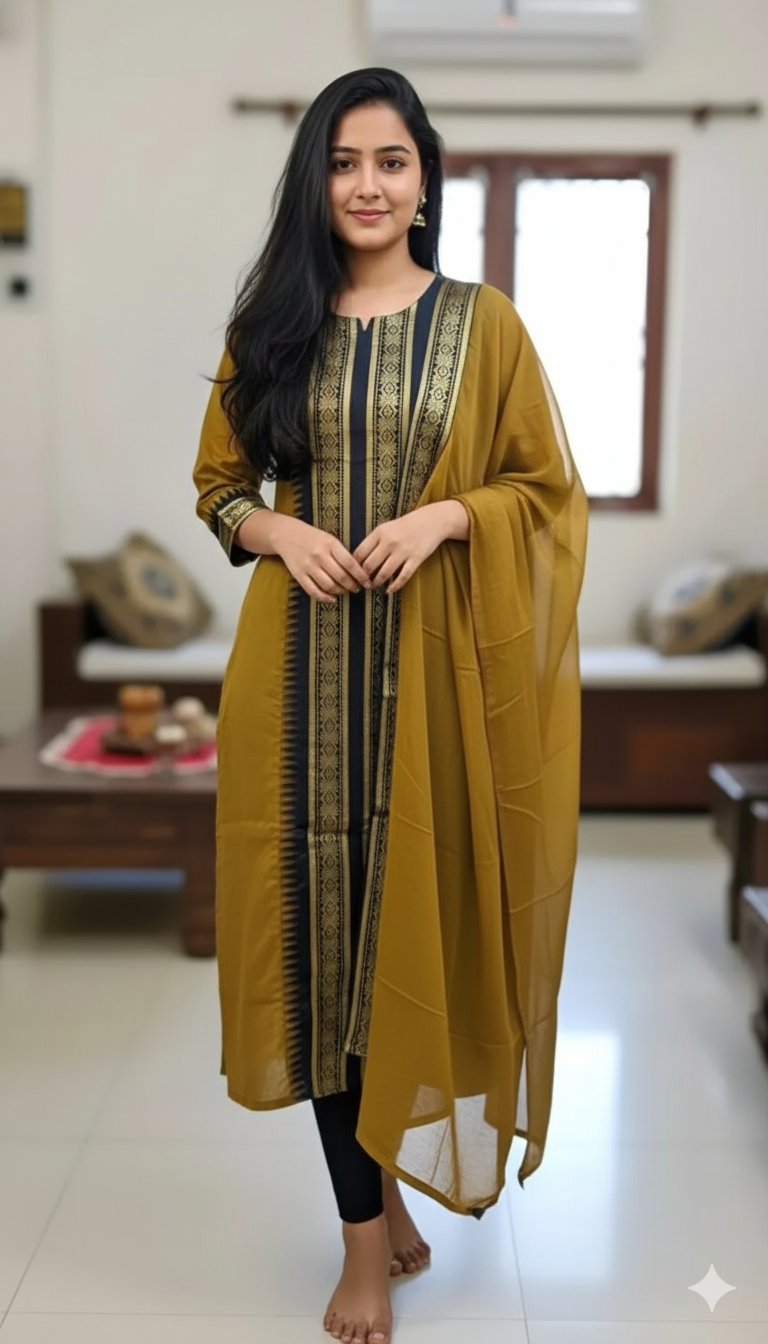 Mustard Chanderi Cotton Straight Fit Kurta Set with Jacquard Border.