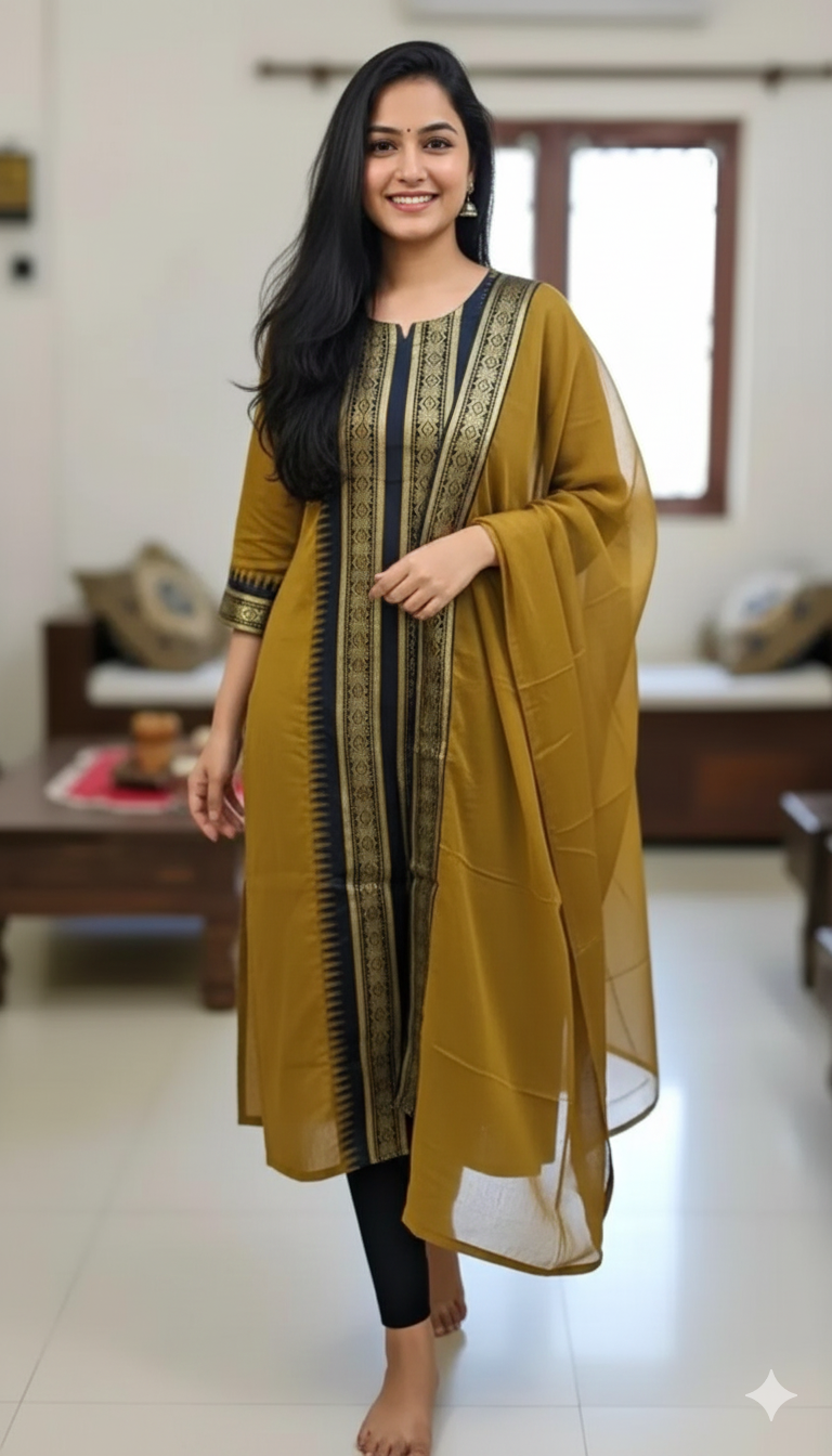 Mustard Chanderi Cotton Straight Fit Kurta Set with Jacquard Border.