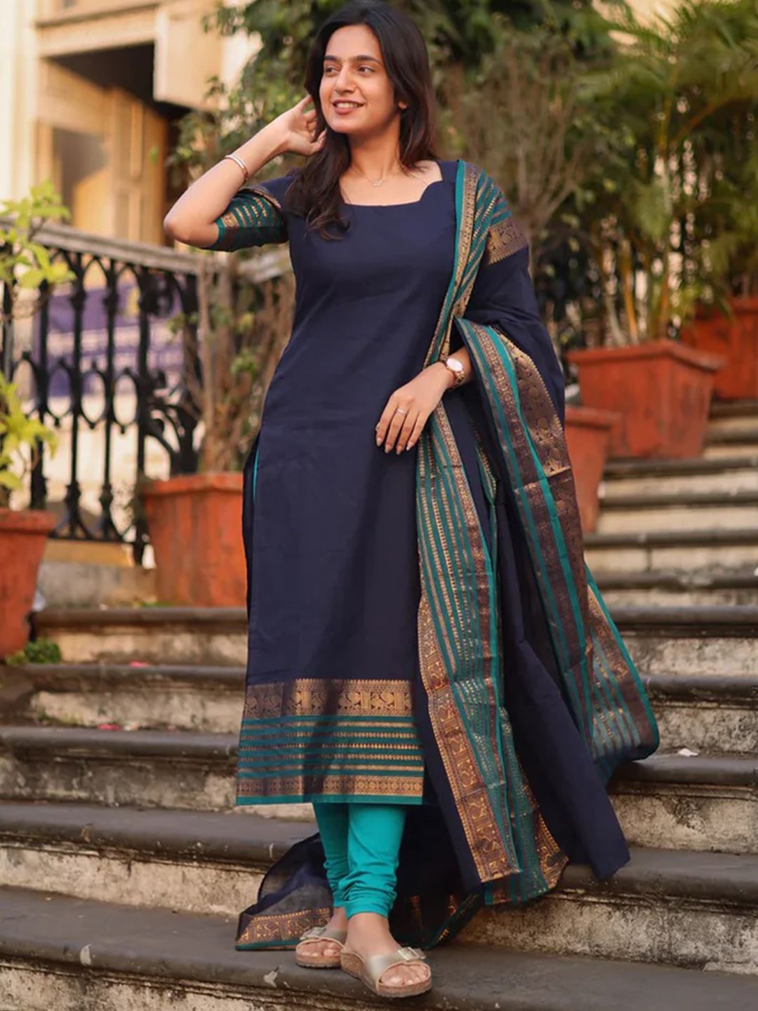 Navy Blue Chanderi Straight Kurta with Jacquard Border