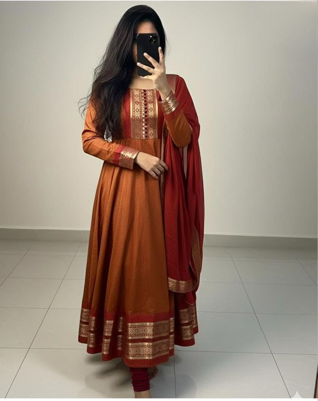 Chanderi Cotton Gown with Jacquard Work & Georgette Dupatta