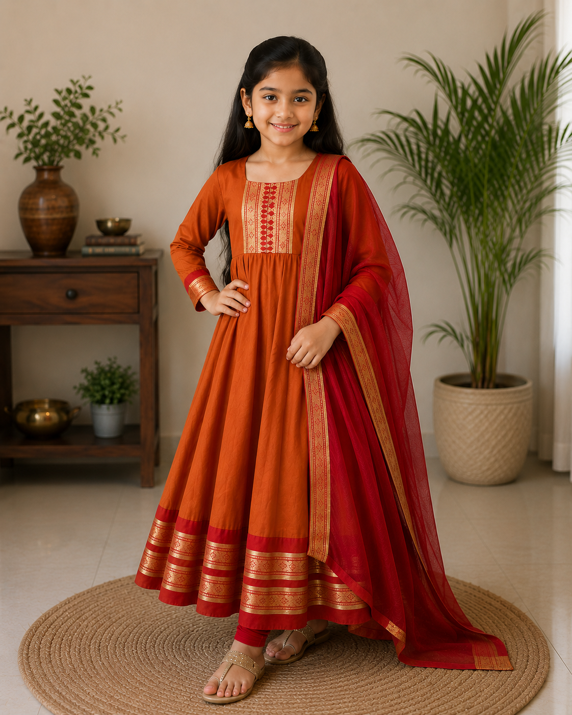 Adorable Orange Ethnic Anarkali Dress for Girls with Dupatta
