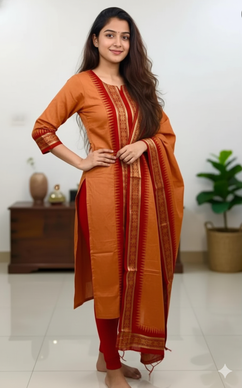 Orange Chanderi Cotton Straight Fit Kurta Set with Jacquard Border.