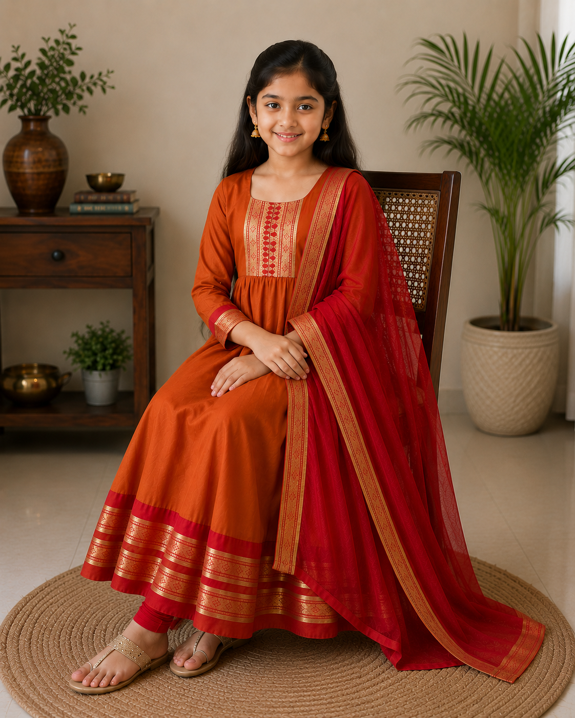 Adorable Orange Ethnic Anarkali Dress for Girls with Dupatta