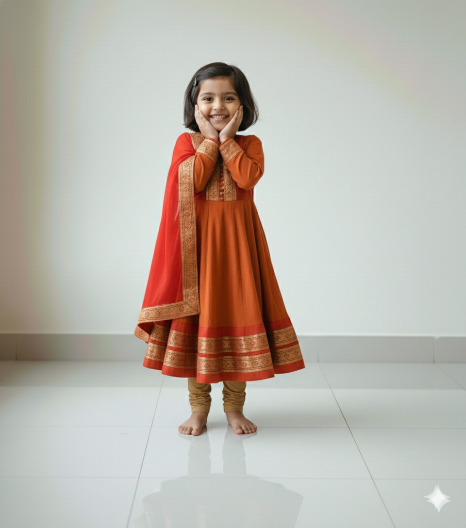 Adorable Orange Ethnic Anarkali Dress for Girls with Dupatta
