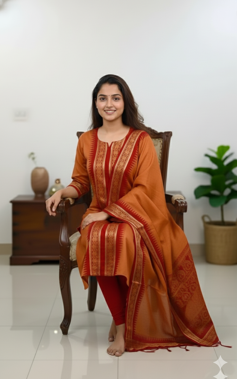 Orange Chanderi Cotton Straight Fit Kurta Set with Jacquard Border.
