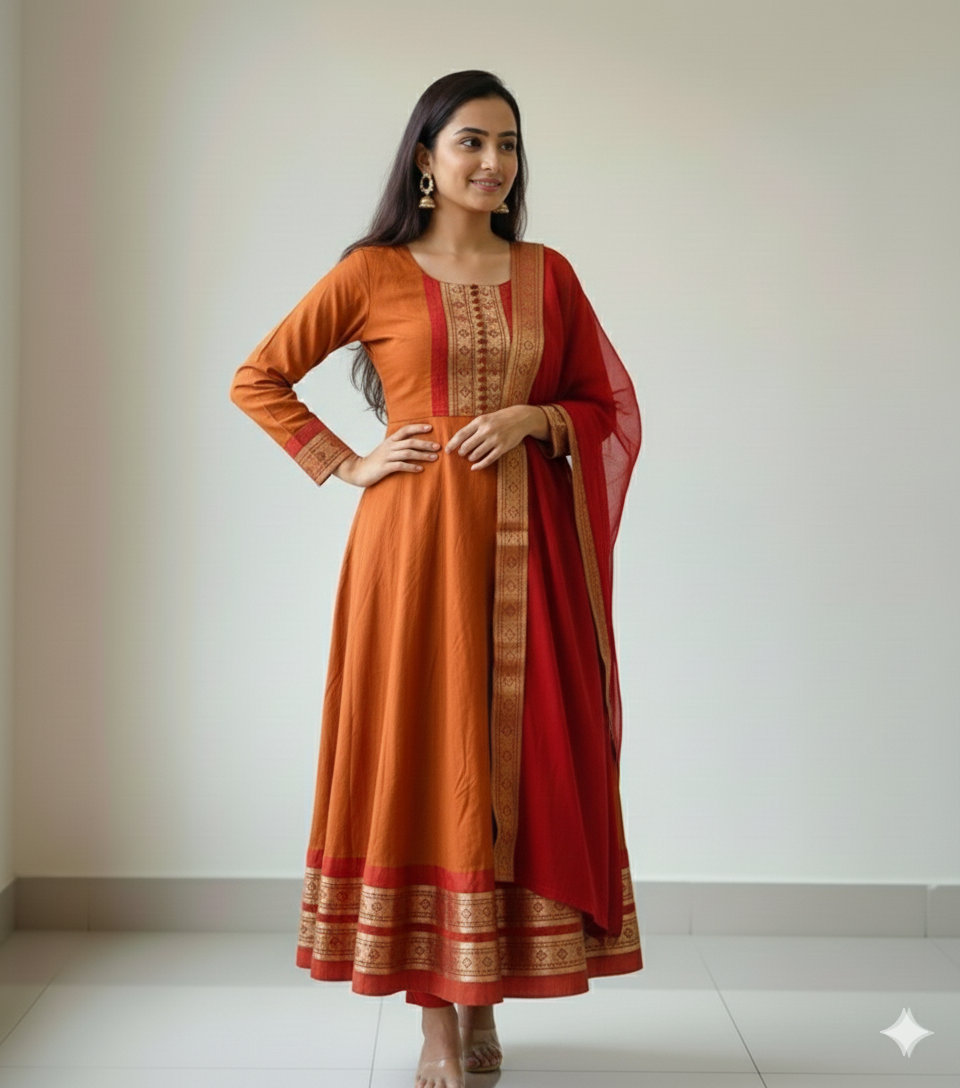 Chanderi Cotton Gown with Jacquard Work & Georgette Dupatta