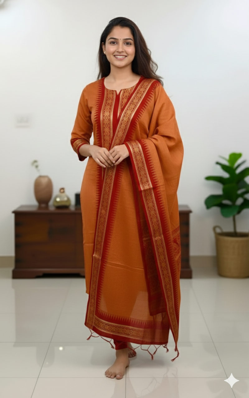Orange Chanderi Cotton Straight Fit Kurta Set with Jacquard Border.