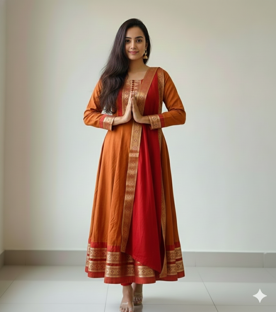 Chanderi Cotton Gown with Jacquard Work & Georgette Dupatta