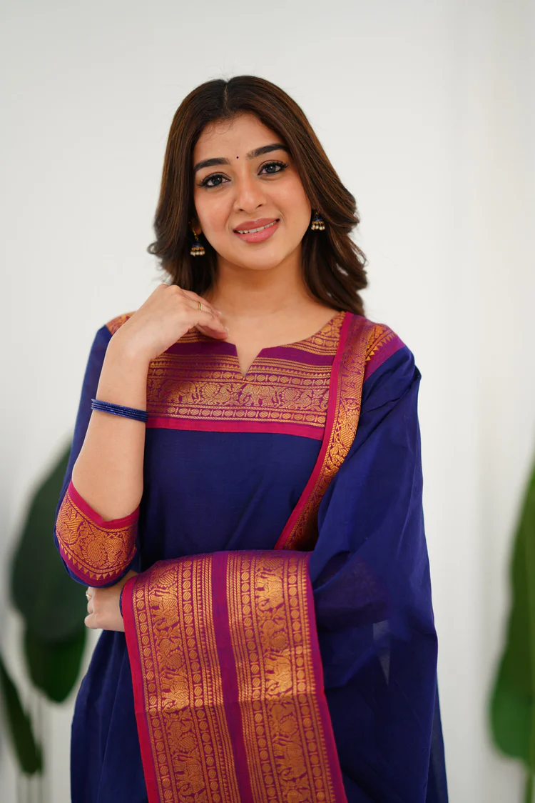 Classic Navy Blue Cotton Kurta Set with Pink Border – Timeless Elegance and Effortless Style.