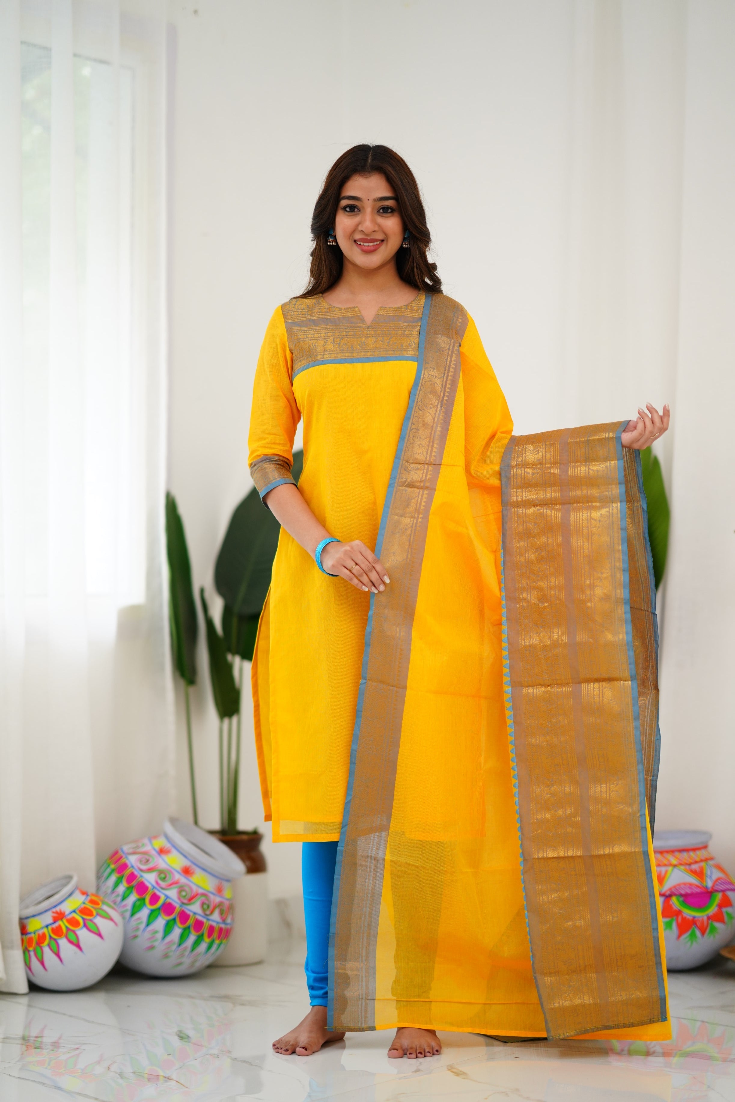 Sunny Yellow Cotton Kurta Set with Blue Border – Bold, Beautiful, and Timeless