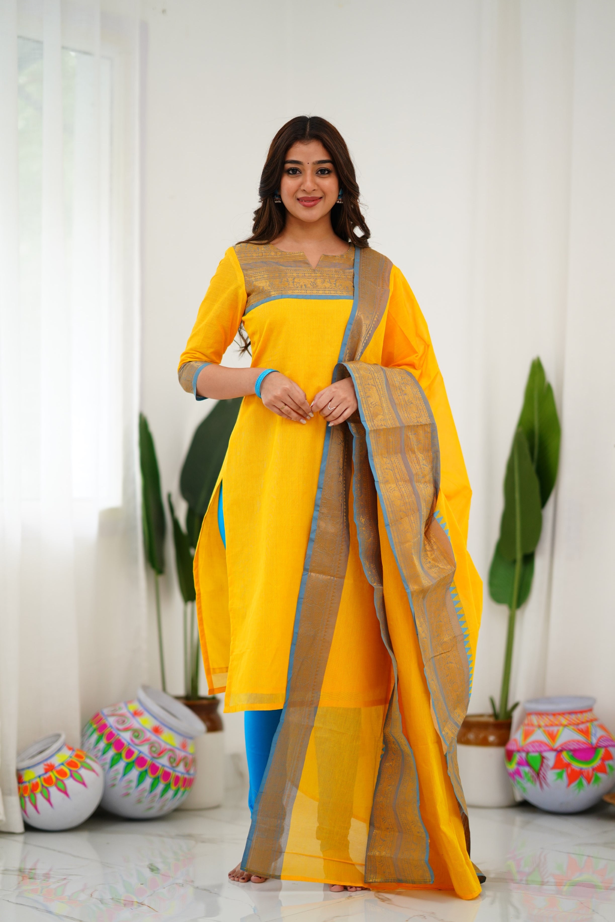 Sunny Yellow Cotton Kurta Set with Blue Border – Bold, Beautiful, and Timeless