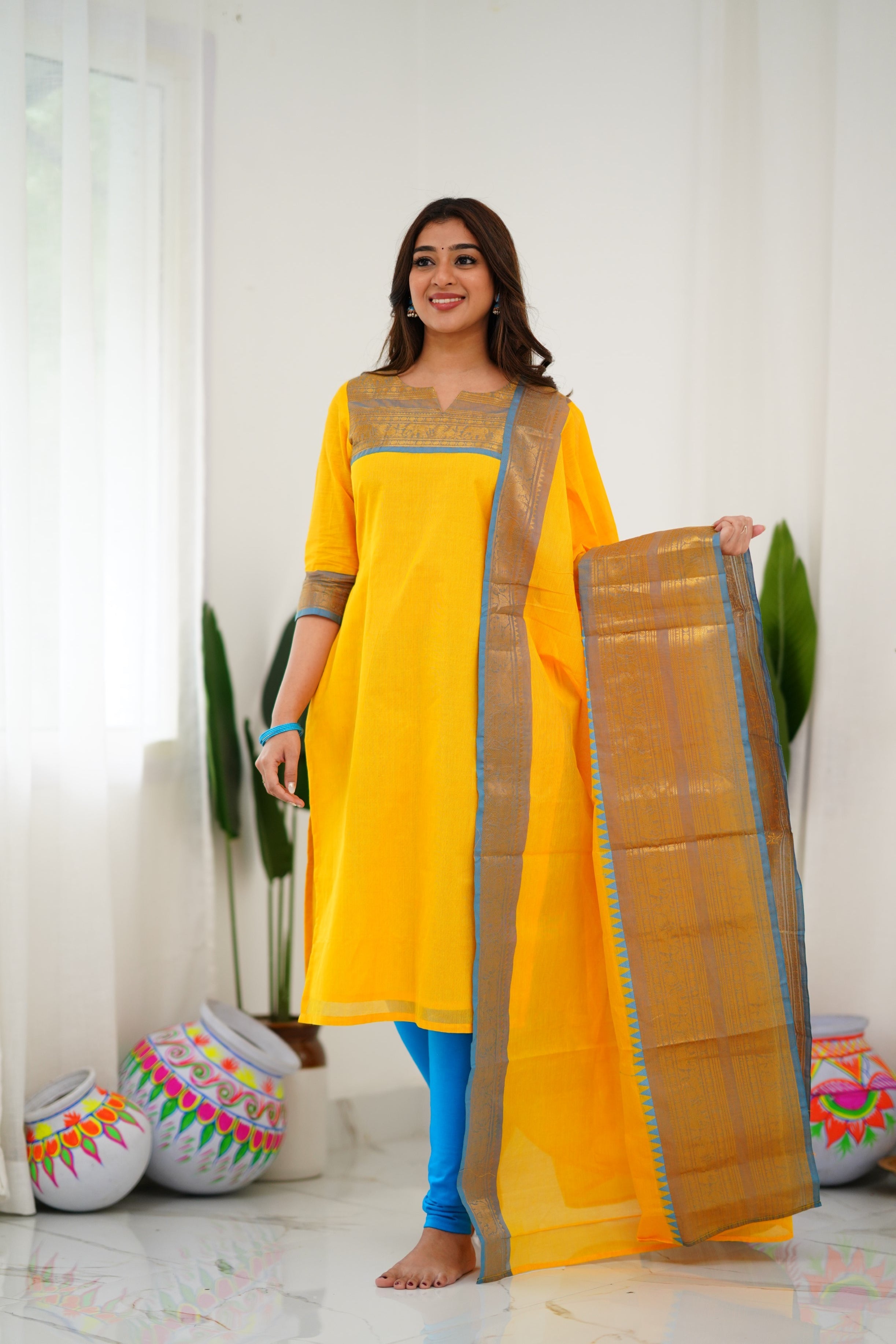 Sunny Yellow Cotton Kurta Set with Blue Border – Bold, Beautiful, and Timeless
