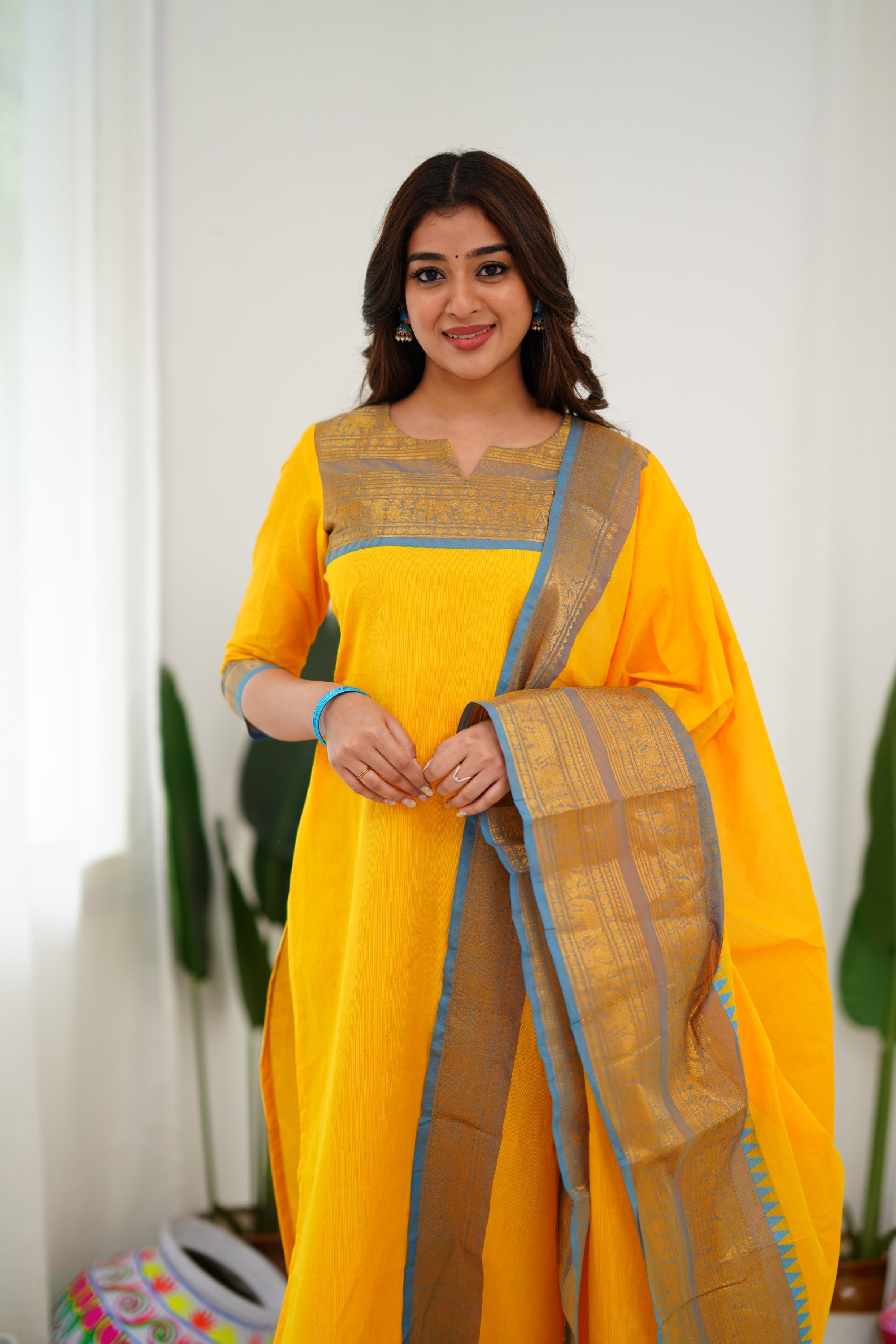 Sunny Yellow Cotton Kurta Set with Blue Border – Bold, Beautiful, and Timeless
