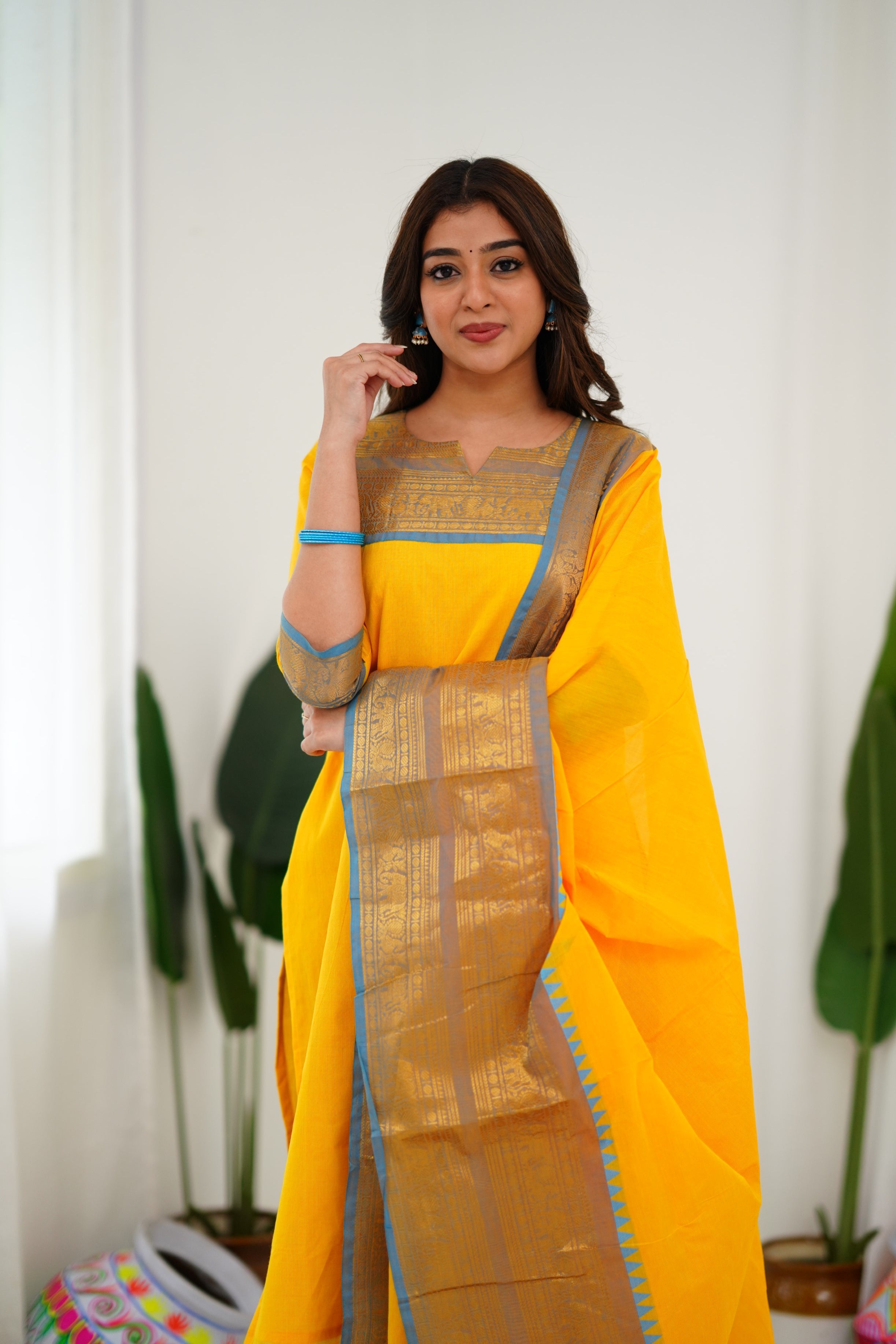 Sunny Yellow Cotton Kurta Set with Blue Border – Bold, Beautiful, and Timeless