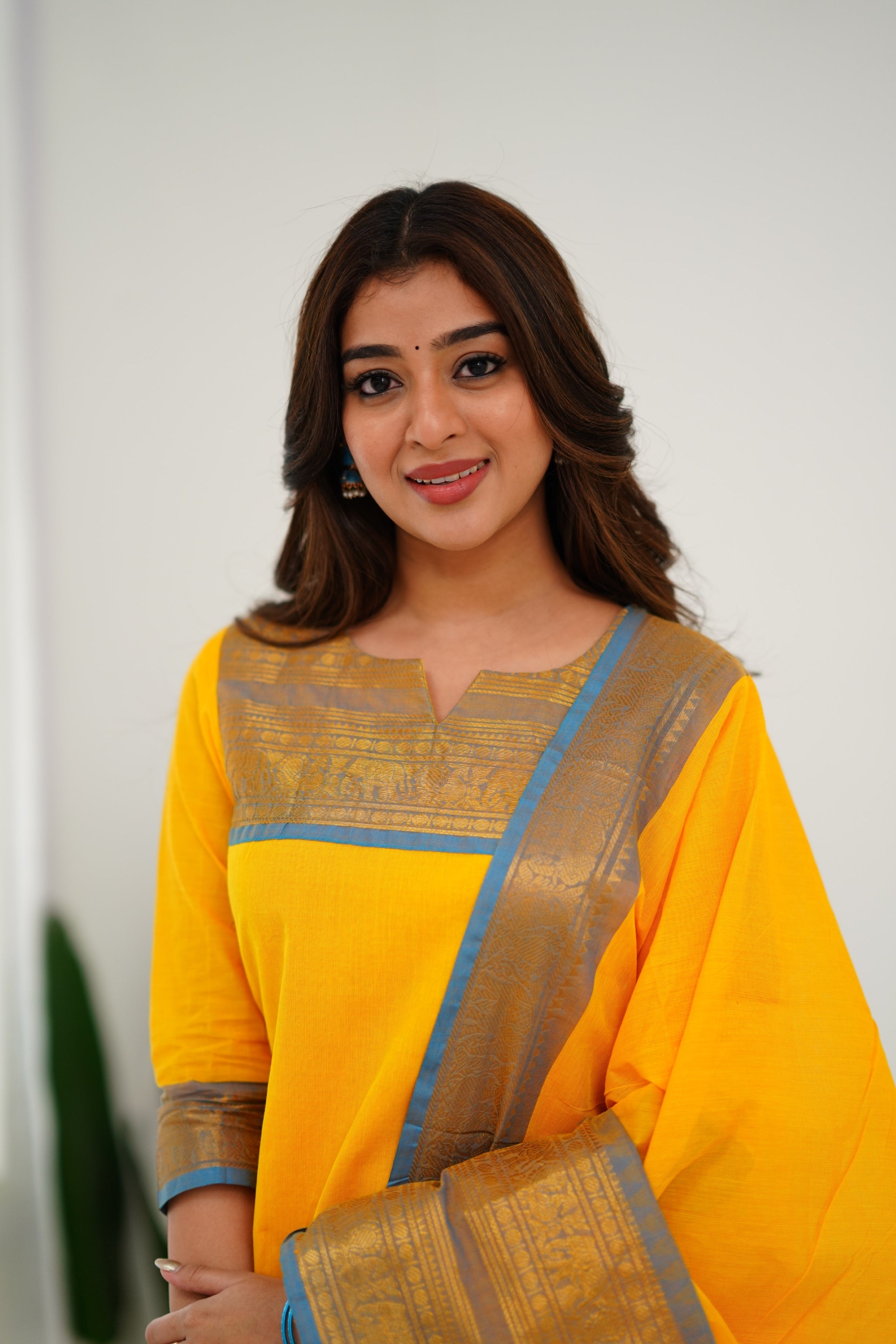 Sunny Yellow Cotton Kurta Set with Blue Border – Bold, Beautiful, and Timeless