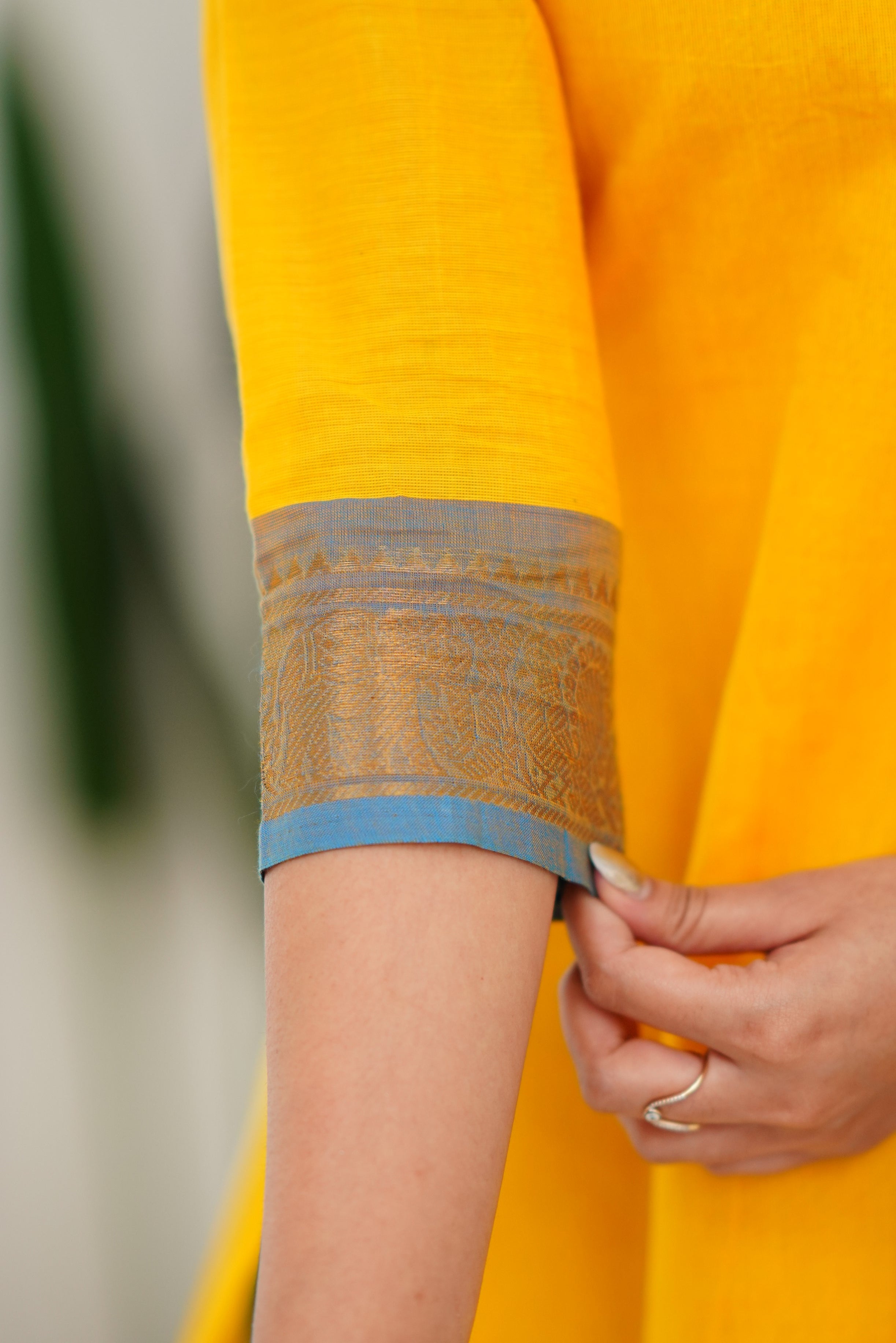 Sunny Yellow Cotton Kurta Set with Blue Border – Bold, Beautiful, and Timeless