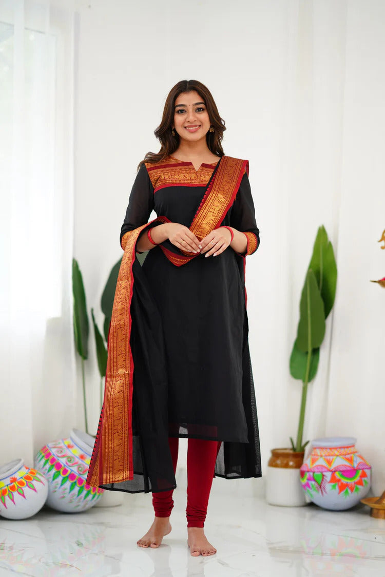 Stunning Black Cotton Kurta Set with Red Border – Effortless Style and Vibrant Contrast