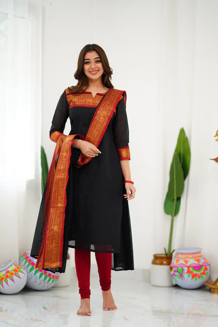 Cotton Kurti and Dupatta with Intricate Weaving Work