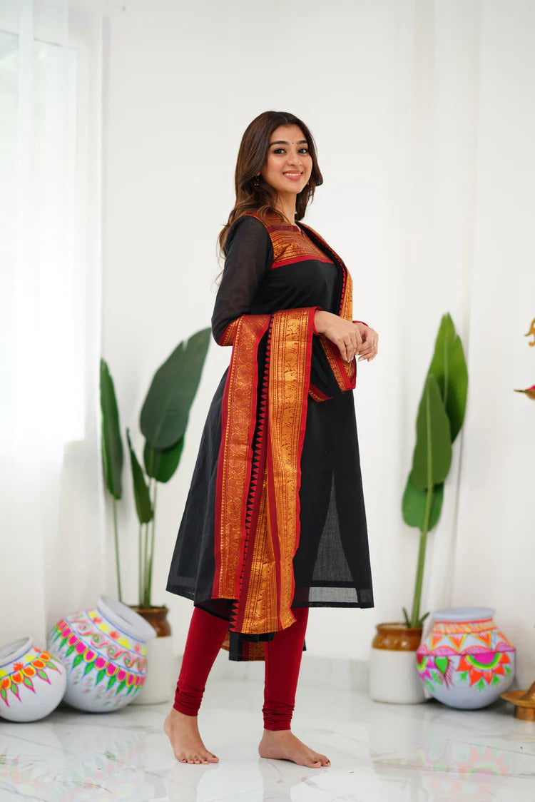Stunning Black Cotton Kurta Set with Red Border – Effortless Style and Vibrant Contrast