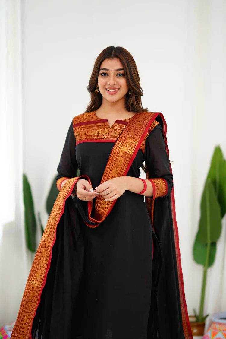 Stunning Black Cotton Kurta Set with Red Border – Effortless Style and Vibrant Contrast